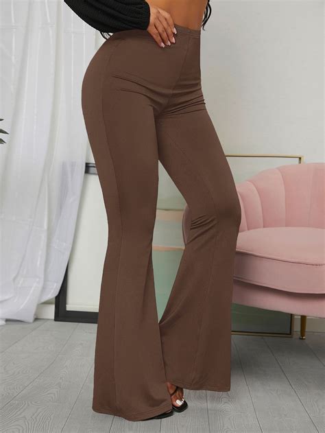 Ruched Back High Waist Flared Leg Trousers Mocha Brown