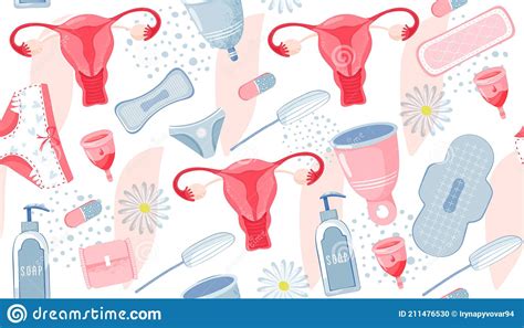 Seamless Pattern With Feminine Hygiene Products Menstrual Cup Uterus Tampon Soap Sanitary