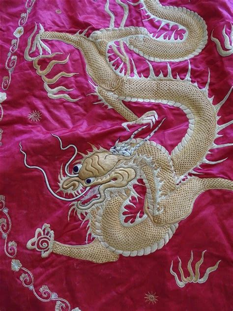 Proantic Dessus De Lit Ou Tenture Murale Broderie Chinoise Dragon