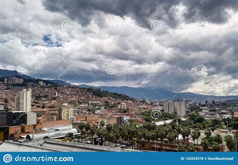 Medellin Antioquia Colombia Stormy Sky Palm Trees And Brick