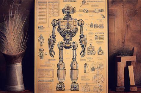 Premium Photo Invention Blueprint Of Robot On Vintage Paper Generative Ai