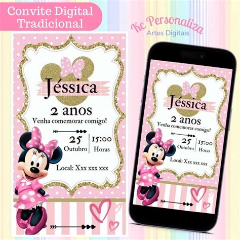 Convite Digital Minnie Rosa E Dourado Elo Produtos Especiais