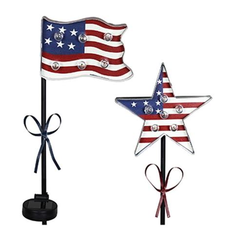 Four Seasons Courtyard Metal Solar Patriotic Star And Flag Stake