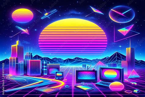 Retro Futuristisches Neon Wallpaper Sonnenuntergang Achtziger Jahre