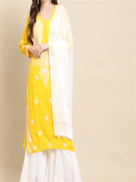 Buy Saadgi Women Yellow And White Embroidered Kurta With Palazzos And Dupatta Kurta Sets For Women