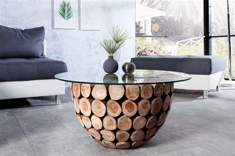 Handgemaakte Salontafel PURE NATURE 70cm Rond Teakhout Met Glazen Blad