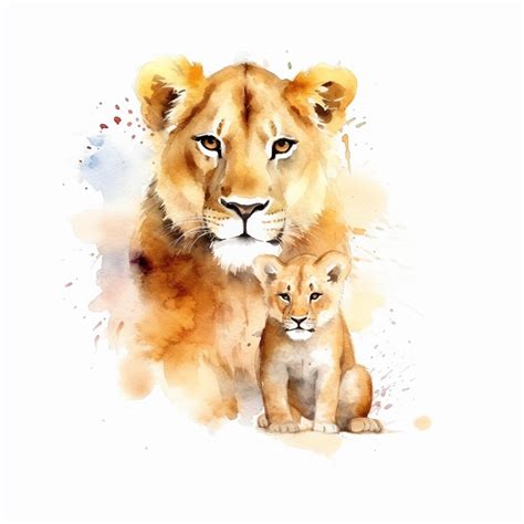 Premium AI Image | A watercolor painting of a lion and a cub