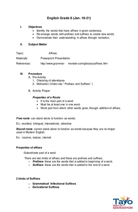 Sample Of Semi Detailed Lesson Plan In English Grade 8 Printable Online