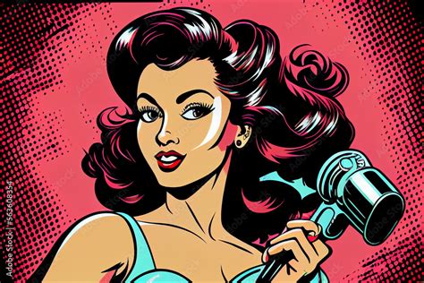 Sexy Pin Up Frau Mit Lockenwickler Bunter Hintergrund In Pop Art Retro Comic Stil Generative