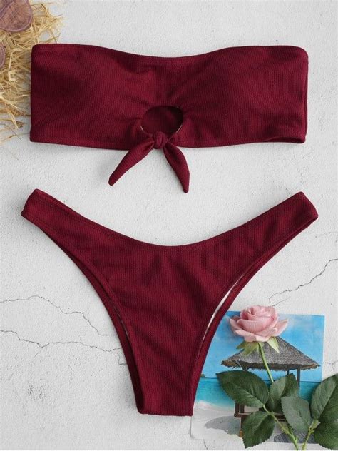 ZAFUL Ribbed Keyhole Bandeau Bikini Set FIREBRICK L Summer Swim Suits