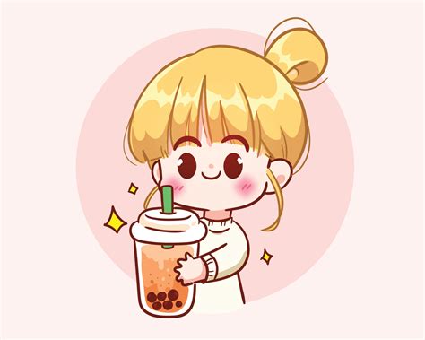 Cute Girl Holding Bubble Tea Logo Banner Hand Drawn Cartoon Art