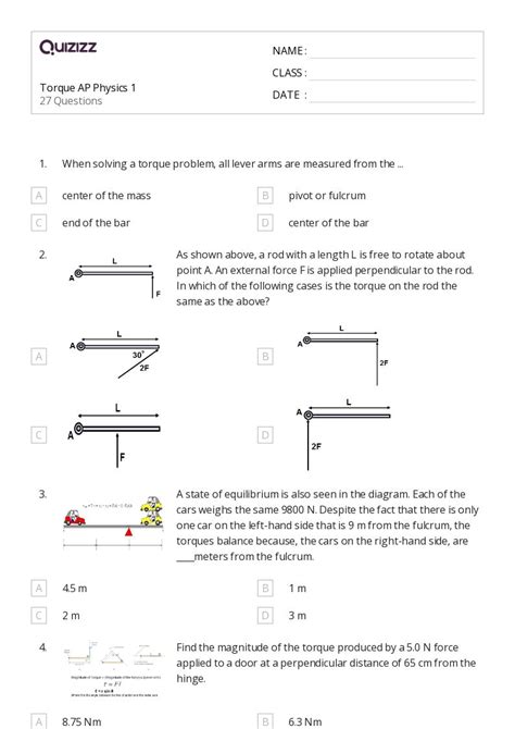 Torque And Equilibrium Worksheets For Th Class On Quizizz Free