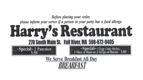 Harrys Restaurant Fall River Menus