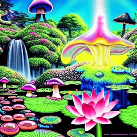 Psychedelic Mushroom Garden With Waterfalls And Sunset Creative Fabrica