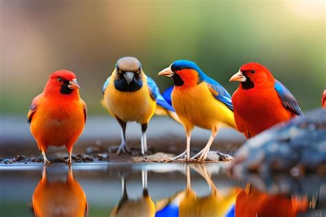 Premium Photo | Colorful birds with a reflection of them