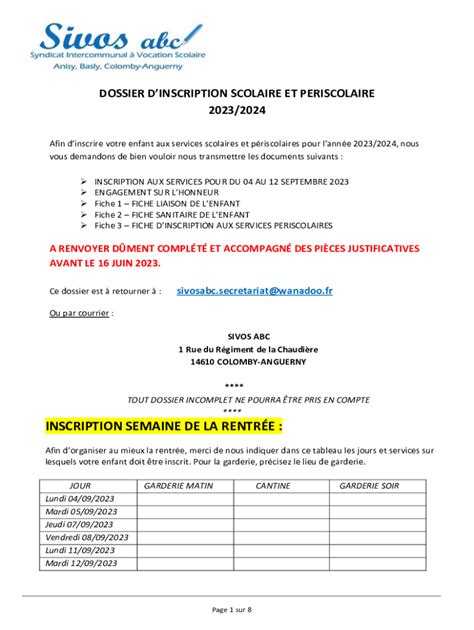 Remplissable En Ligne DOSSIER DINSCRIPTION SCOLAIRE ET PERISCOLAIRE