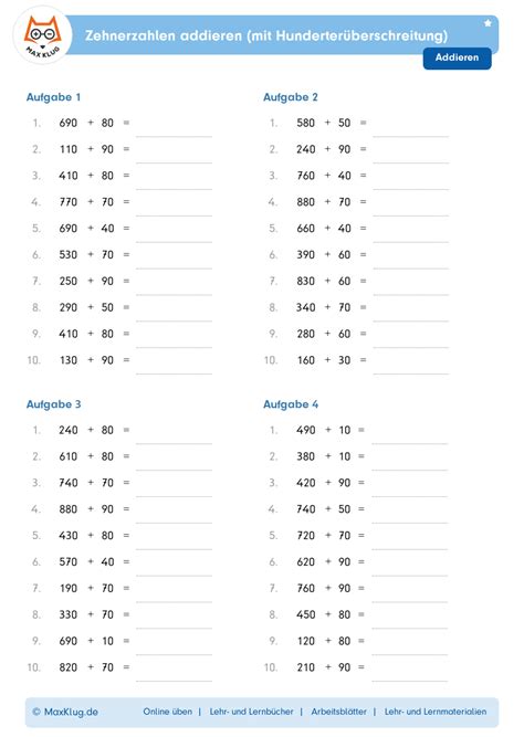 Arbeitsblatt Zehnerzahlen addieren mit Hunderterüberschreitung
