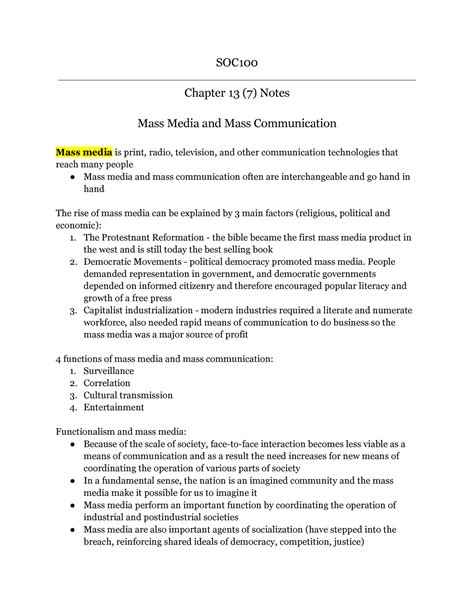 Soc100 Soc Reading Notes Chapter 13 Soc Chapter 13 7 Notes Mass Media And Mass