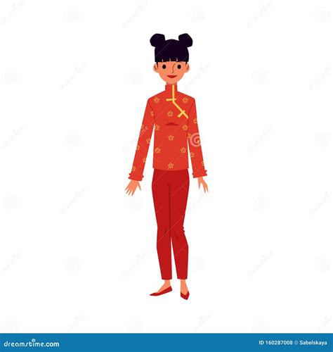 Cartoon Woman In Traditional Red Chinese Qipao Or Cheongsam Stock