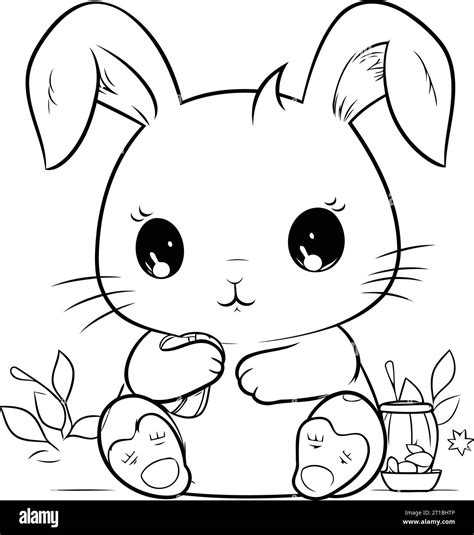 Cute Cartoon Rabbit With Easter Eggs Vector Illustration For Coloring Book Stock Vector Image