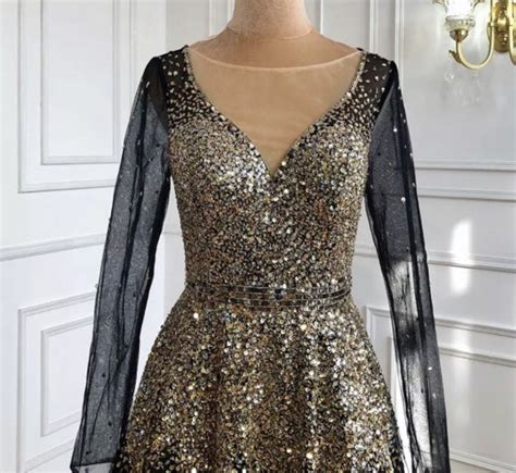 A Line Sequinned Black And Gold Beaded Evening Dress Evening Dresses