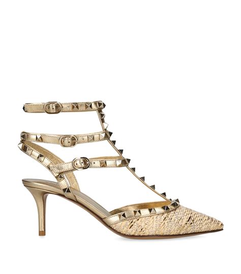 Womens Valentino Garavani Gold Raffia Rockstud Heels 65 Harrods UK