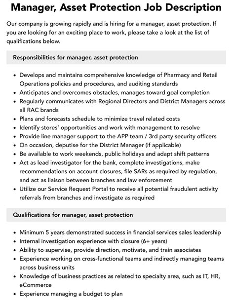 Manager Asset Protection Job Description Velvet Jobs