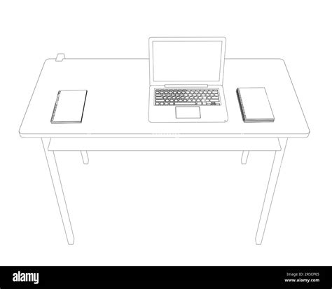 Desk Outline With Laptop And Notepads From Black Lines Isolated On