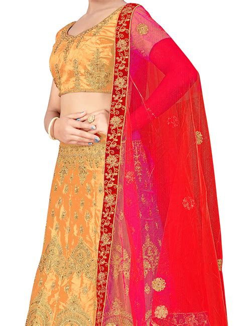 Buy Beige N Red Velvet Zari Embroidery Umbrella Lehenga Choli Festive