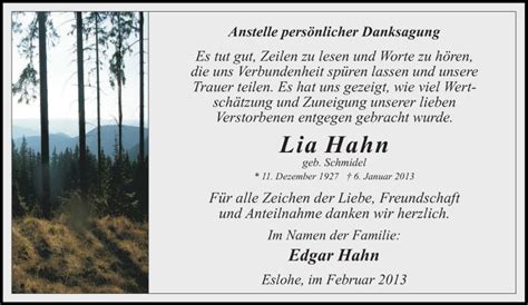 Trauer Und Todesanzeigen Von Lia Hahn Trauer De