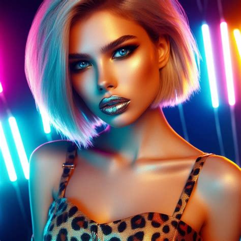 Premium Photo Neon Lights Posing Brunette With Silver Lips