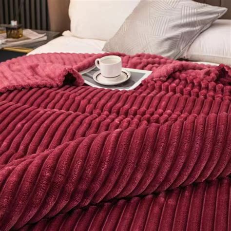 Angbon Solid Stripe Blanket Soft Velvet Warm Fluffy Plush Bed Linen