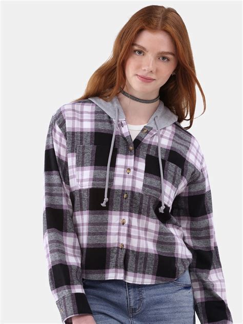 No Boundaries Long Sleeve Cropped Plaid Shirt With Hood Womens And