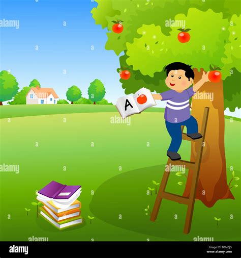 Boy Holding A Book And Climbing An Apple Tree Stock Photo 52080845 Alamy