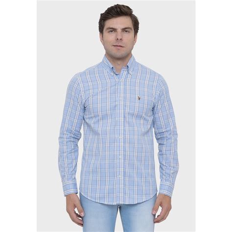 Camisa Ralph Lauren Masculina Custom Fit Xadrez Gales Icon Colored Azul