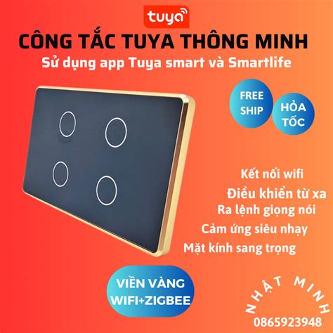 Công Tắc Thông Minh Tuya Wifi Zigbee Viền Vàng 4 Nút Cảm Ứng Chữ Nhật