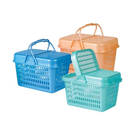 Plastic Shopping Basket With Lid Red Blue Brown Plastic Material