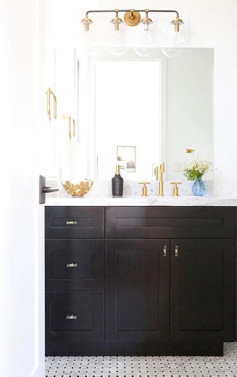 Black Shaker Bath Vanity On Marble Basketweave Floor Tiles