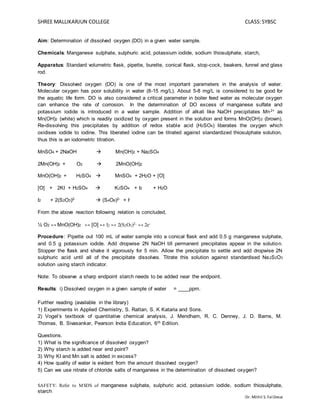 Determination Of Dissolved Oxygen Do In A Given Water Sample Pdf