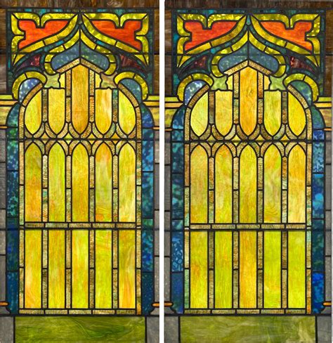 Lot Pair Of Tiffany Studios Gothic Revival Windows