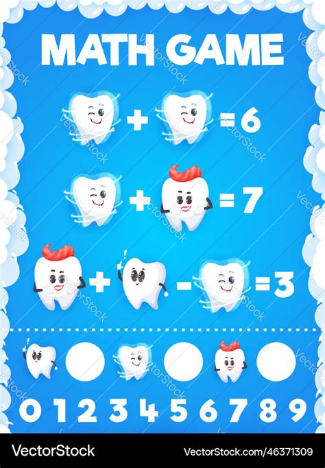 Cartoon tooth characters math game worksheet Vector Image