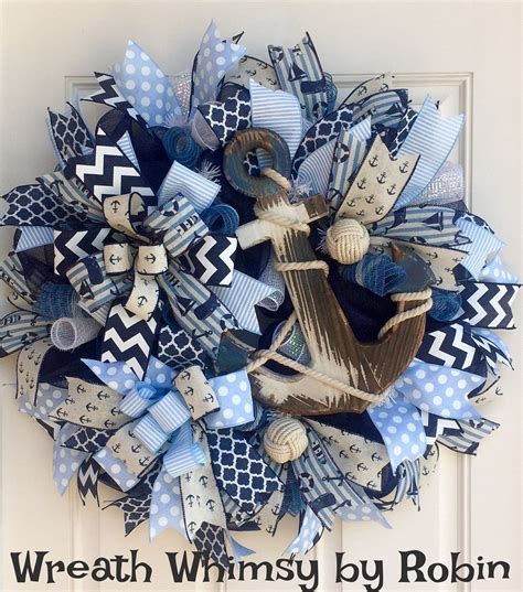 Deco Mesh Nautical Anchor Wreath In Navy Blue And Light Blue Beach