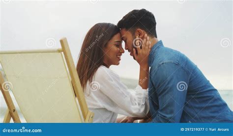 Beach Forehead Touch And Happy Couple Relax Together Care And Bonding