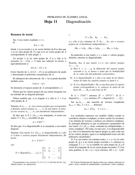 Hoja 11 Diagonalización Problemas Dealgebra Lineal ́ Hoja 11 Diagonalizacion ́ Resumen De Teor