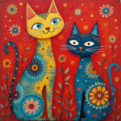 folk art cats  flowers  stock photo public domain pictures
