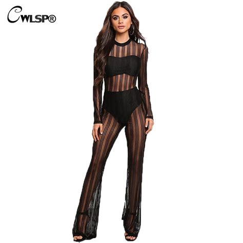 CWLSP Sexy Black Sheer Mesh Jumpsuit Rompers 2018 Spring Long Sleeve O