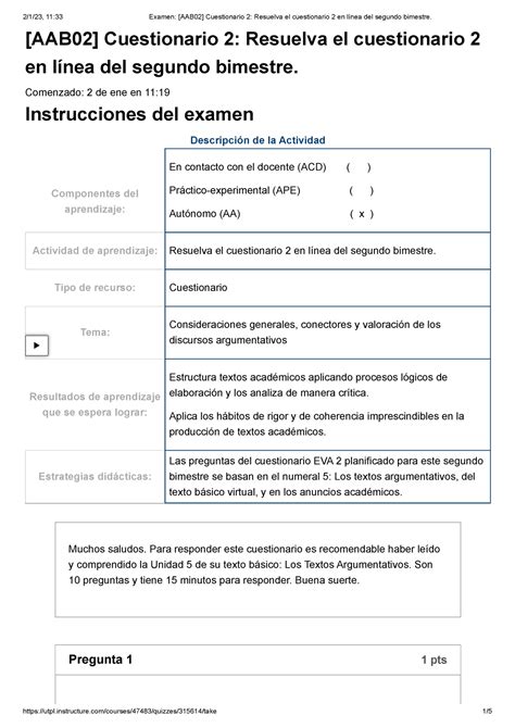 Lectura Y Redaccion De Textos Aab Cuestionario Resuelva El