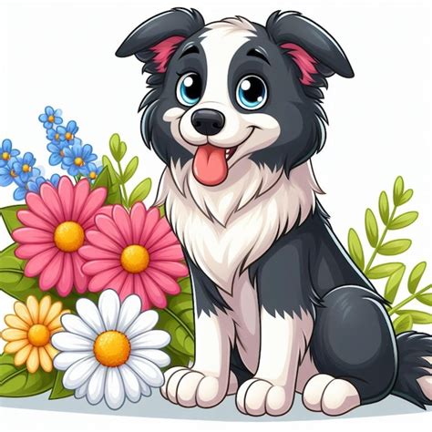 Lindo Perro Border Collie Y Flores Ilustraci N De Dibujos Animados