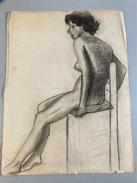 LARGE DRAWING CHARCOAL On Paper Naked Woman Erotic 1960 To Identify