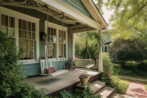 Premium Ai Image Cozy House Exterior With Porch Swing And Book Pile